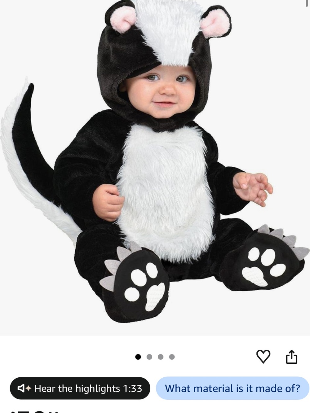 Amazon Baby Skunk Costume - Black and White Plush Hooded Romper 6-12 month